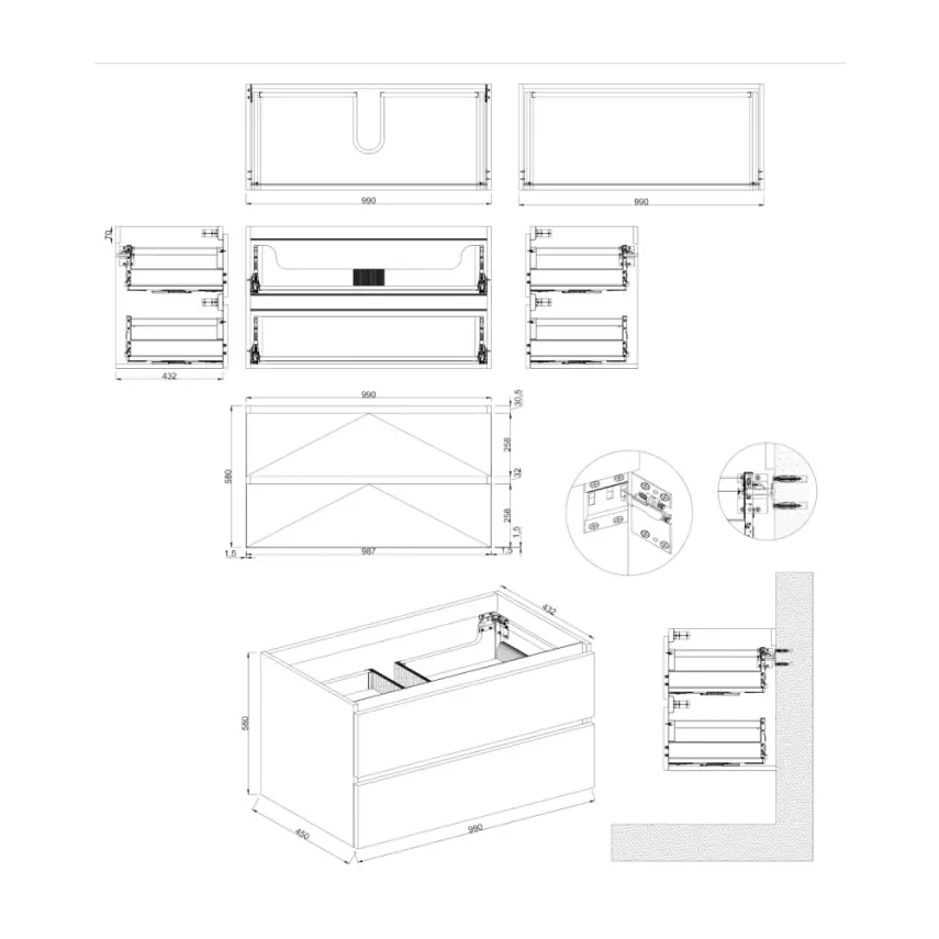Dutchline Badmeubel Onderkast - Mat Grijs - 100x46cm - 2 Lades - 1 Uitsparing - 2