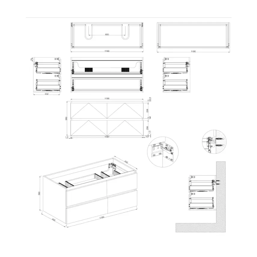 Dutchline Badmeubel Onderkast - Mat Grijs - 120x46cm - 4 Lades - 2 Uitsparingen - 2
