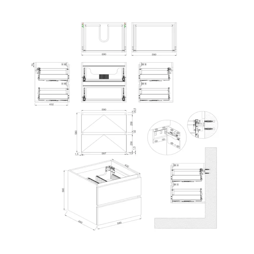 Dutchline Badmeubel Onderkast - Mat Wit - 60x46cm - 2 Lades - 1 Uitsparing - 2