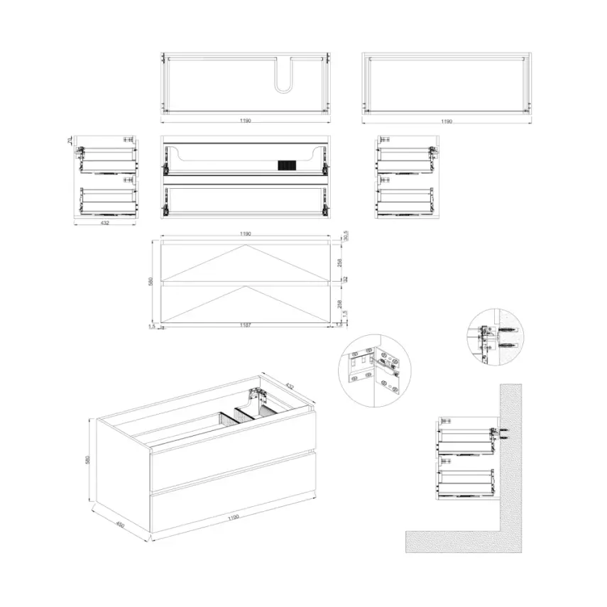Dutchline Badmeubel Onderkast Rechts - Uludag - 120x46cm - 2 Lades - 1 Uitsparing - 2