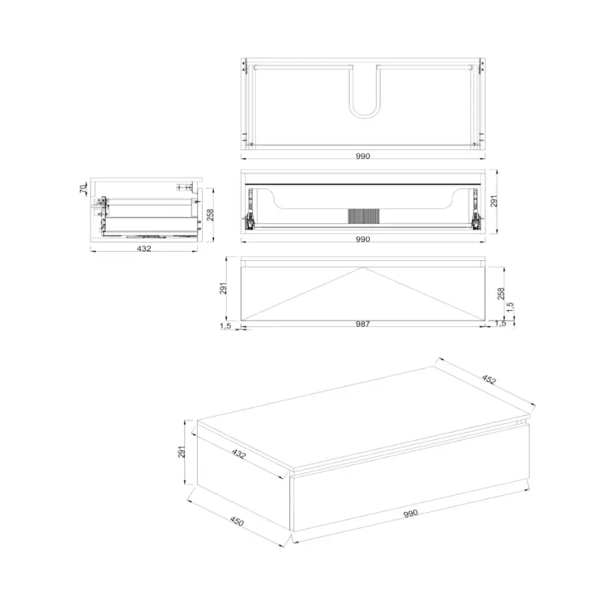 Dutchline Badmeubel Onderkast - Uludag - 100x46cm - 1 Lade - 1 Uitsparing - 2