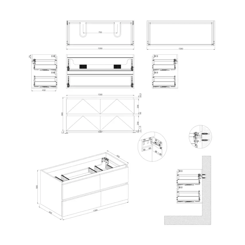 Dutchline Badmeubel Onderkast - Uludag - 140x46cm - 4 Lades - 2 Uitsparingen - 2