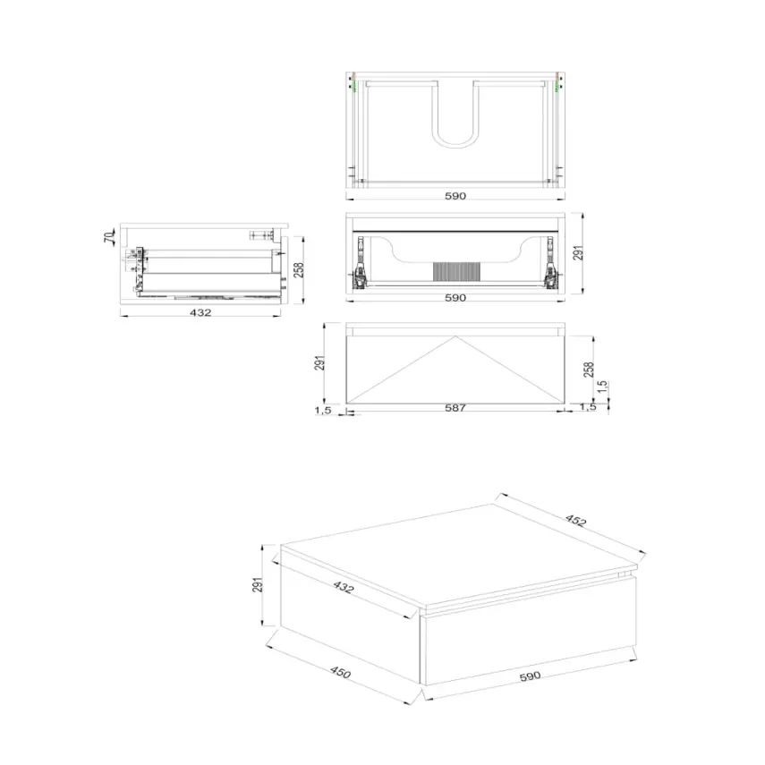 Dutchline Badmeubel Onderkast - Uludag - 60x46cm - 1 Lade - 1 Uitsparing - 2