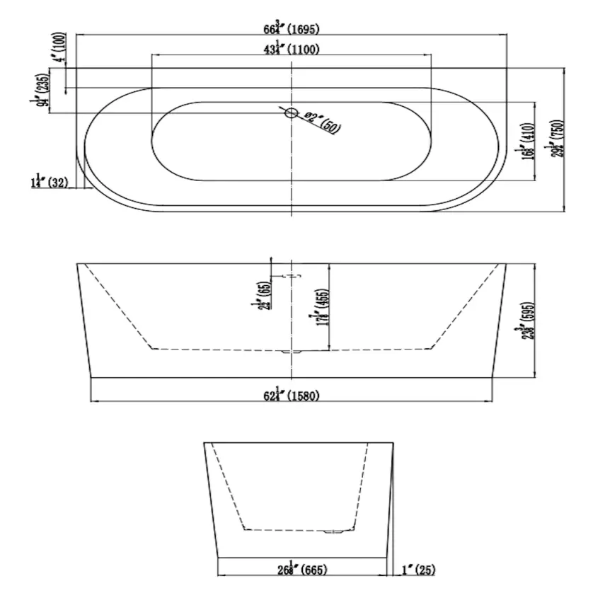 DutchLine Half-vrijstaand Ligbad - Glans Wit - 1700*750*600 - 2