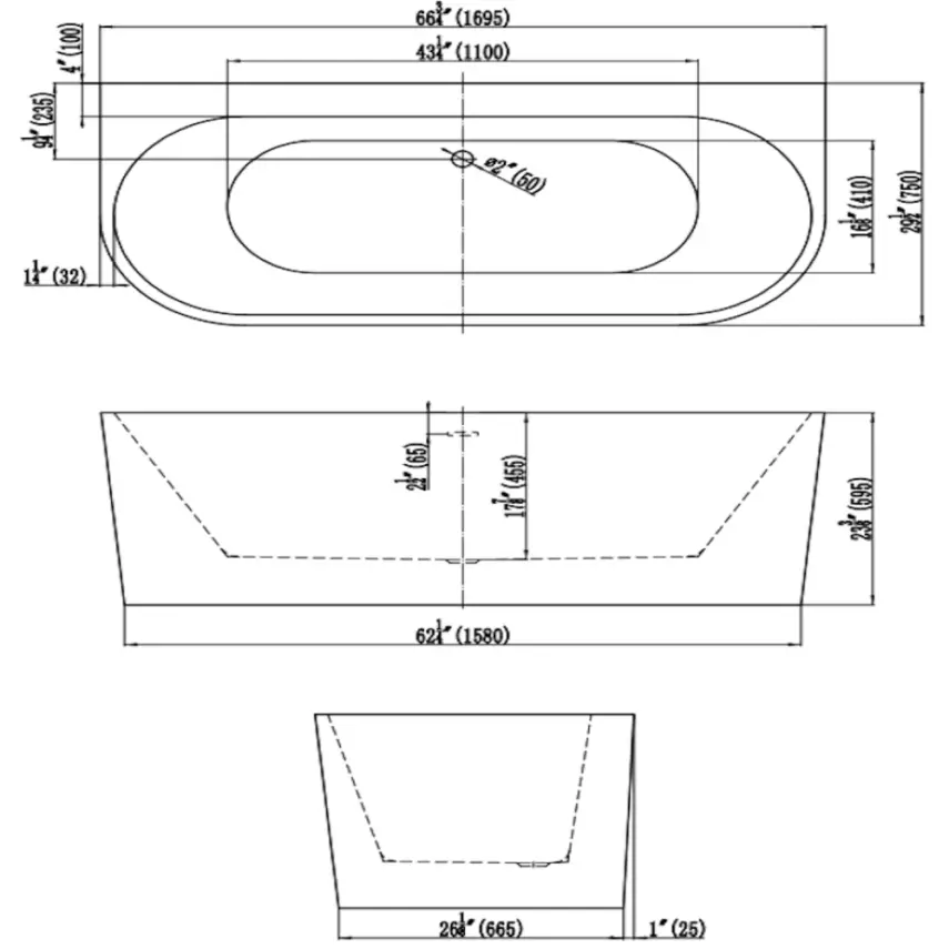 DutchLine Half-vrijstaand Ligbad - Mat Wit - 1700x750x600 - 2