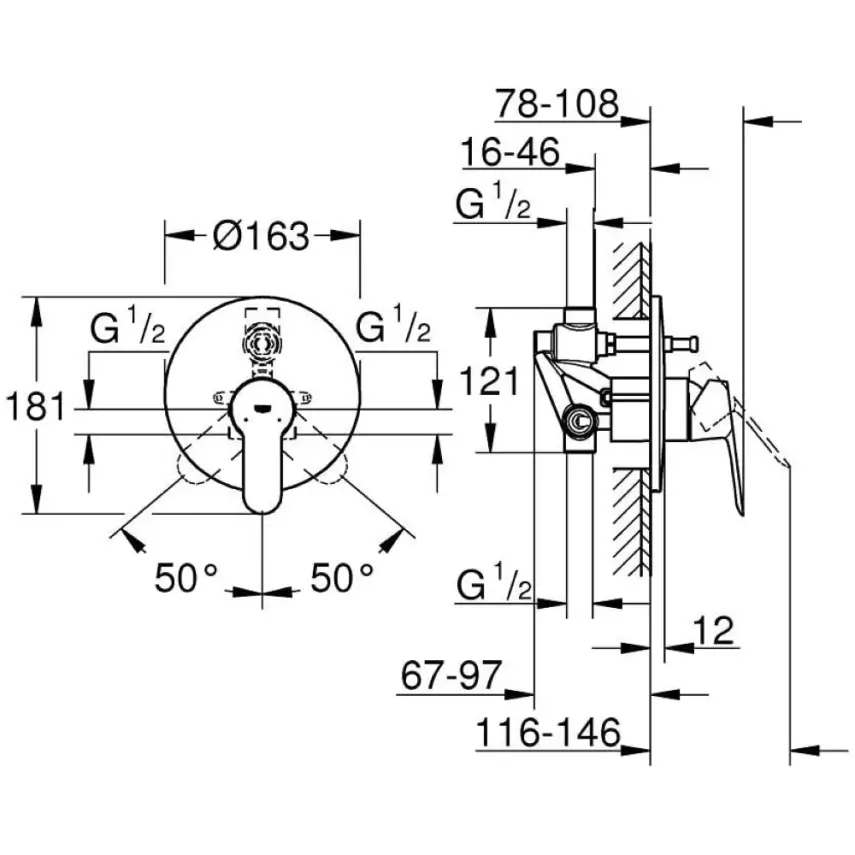 Grohe BauEdge Inbouw Eengreeps Bad-/Douchekraan 1/2″ Chroom - 2